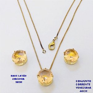 CONJUNTO NO BRUTO PRONTO PARA O BANHO(pote) COM CORRENTE VENEZIANA DE 45CM / PINGENTE E BRINCO COM BASE EM LATÃO E PEDRA ZIRCONIA DE 10MM / PESO 4.9GR - BRU28064