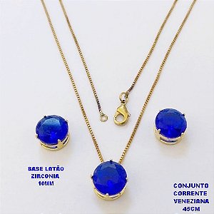 CONJUNTO NO BRUTO PRONTO PARA O BANHO(pote) COM CORRENTE VENEZIANA DE 45CM / PINGENTE E BRINCO COM BASE EM LATÃO E PEDRA ZIRCONIA DE 10MM / PESO 4.9GR - BRU28065