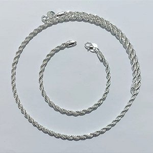 CONJUNTO FOLHEADO A PRATA COM 50 MILÉSIMOS + VERNIZ DIAMOND - CONJUNTO CORDÃO BAIANO 4MM COM PULSEIRA 17CM E CORRENTE 48CM - PRA1273