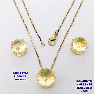 DUPLICADO - CONJUNTO NO BRUTO PRONTO PARA O BANHO(pote) COM CORRENTE VENEZIANA DE 45CM / PINGENTE E BRINCO COM BASE EM LATÃO E PEDRA ZIRCONIA DE 10X10MM / PESO 4.9GR - BRU28077
