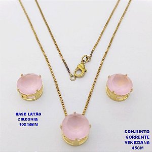 CONJUNTO NO BRUTO PRONTO PARA O BANHO(pote) COM CORRENTE VENEZIANA DE 45CM / PINGENTE E BRINCO COM BASE EM LATÃO E PEDRA ZIRCONIA DE 10X10MM / PESO 4.9GR - BRU28078