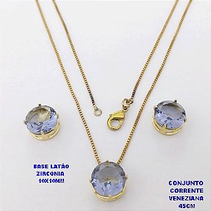CONJUNTO NO BRUTO PRONTO PARA O BANHO(pote) COM CORRENTE VENEZIANA DE 45CM / PINGENTE E BRINCO COM BASE EM LATÃO E PEDRA ZIRCONIA DE 10X10MM / PESO 4.9GR - BRU28079