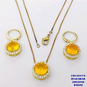 CONJUNTO NO BRUTO PRONTO PARA O BANHO /COM CORRENTE VENEZIANA DE 45CM COM FECHO LAGOSTA BRINCO DE ARGOLINHA DE PRESSÃO/ BASE EM ALTA FUSÃO CREVEJADA / ZIRCONIA DE 8X8MM / PESO 6.8GR - BRU28098
