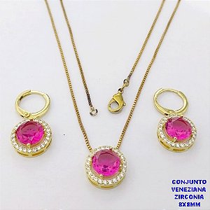 CONJUNTO NO BRUTO PRONTO PARA O BANHO /COM CORRENTE VENEZIANA DE 45CM COM FECHO LAGOSTA BRINCO DE ARGOLINHA DE PRESSÃO/ BASE EM ALTA FUSÃO CREVEJADA / ZIRCONIA DE 8X8MM / PESO 6.8GR - BRU28101