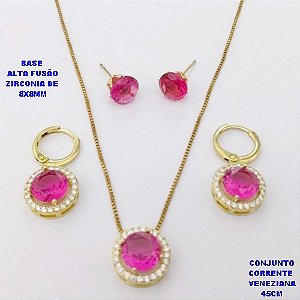 CONJUNTO NO BRUTO PRONTO PARA O BANHO /COM CORRENTE VENEZIANA DE 45CM COM FECHO LAGOSTA / BASE EM ALTA FUSÃO CREVEJADA COM ARGOLINHA DE PRESSÃO ( E BRINCO DE PINO8X8MM) / ZIRCONIA DE 8X8MM / PESO 8.4GR - BRU28106