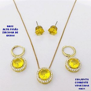 CONJUNTO NO BRUTO PRONTO PARA O BANHO /COM CORRENTE VENEZIANA DE 45CM COM FECHO LAGOSTA / BASE EM ALTA FUSÃO CREVEJADA COM ARGOLINHA DE PRESSÃO ( E BRINCO DE PINO8X8MM) / ZIRCONIA DE 8X8MM / PESO 8.4GR - BRU28107