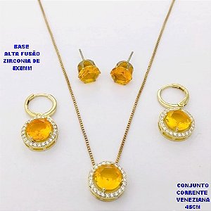 CONJUNTO NO BRUTO PRONTO PARA O BANHO /COM CORRENTE VENEZIANA DE 45CM COM FECHO LAGOSTA / BASE EM ALTA FUSÃO CREVEJADA COM ARGOLINHA DE PRESSÃO ( E BRINCO DE PINO8X8MM) / ZIRCONIA DE 8X8MM / PESO 8.4GR - BRU28108