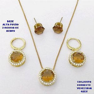 CONJUNTO NO BRUTO PRONTO PARA O BANHO /COM CORRENTE VENEZIANA DE 45CM COM FECHO LAGOSTA / BASE EM ALTA FUSÃO CREVEJADA COM ARGOLINHA DE PRESSÃO ( E BRINCO DE PINO8X8MM) / ZIRCONIA DE 8X8MM / PESO 8.4GR - BRU28109