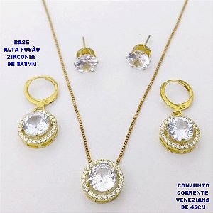 CONJUNTO NO BRUTO PRONTO PARA O BANHO /COM CORRENTE VENEZIANA DE 45CM COM FECHO LAGOSTA / BASE EM ALTA FUSÃO CREVEJADA COM ARGOLINHA DE PRESSÃO ( E BRINCO DE PINO8X8MM) / ZIRCONIA DE 8X8MM / PESO 8.4GR - BRU28110