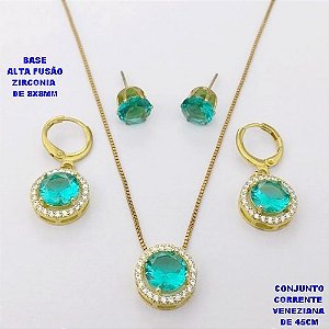 CONJUNTO NO BRUTO PRONTO PARA O BANHO /COM CORRENTE VENEZIANA DE 45CM COM FECHO LAGOSTA / BASE EM ALTA FUSÃO CREVEJADA COM ARGOLINHA DE PRESSÃO ( E BRINCO DE PINO8X8MM) / ZIRCONIA DE 8X8MM / PESO 8.4GR - BRU28111