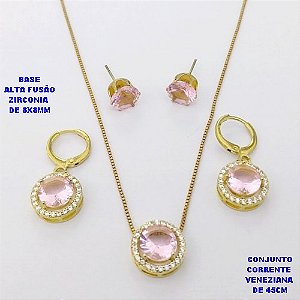 CONJUNTO NO BRUTO PRONTO PARA O BANHO /COM CORRENTE VENEZIANA DE 45CM COM FECHO LAGOSTA / BASE EM ALTA FUSÃO CREVEJADA COM ARGOLINHA DE PRESSÃO ( E BRINCO DE PINO8X8MM) / ZIRCONIA DE 8X8MM / PESO 8.4GR - BRU28112