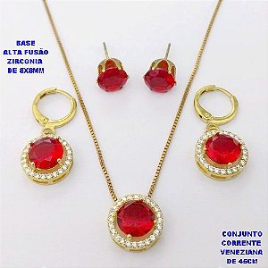 CONJUNTO NO BRUTO PRONTO PARA O BANHO /COM CORRENTE VENEZIANA DE 45CM COM FECHO LAGOSTA / BASE EM ALTA FUSÃO CREVEJADA COM ARGOLINHA DE PRESSÃO ( E BRINCO DE PINO8X8MM) / ZIRCONIA DE 8X8MM / PESO 8.4GR - BRU28113