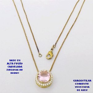 GARGANTILHA NO BRUTO PRONTO PARA O BANHO /COM CORRENTE VENEZIANA DE 45CM COM FECHO LAGOSTA / BASE EM ALTA FUSÃO CREVEJADA / ZIRCONIA DE 8X8MM / PESO 3.1GR - BRU28115