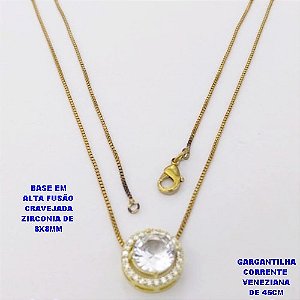 GARGANTILHA NO BRUTO PRONTO PARA O BANHO /COM CORRENTE VENEZIANA DE 45CM COM FECHO LAGOSTA / BASE EM ALTA FUSÃO CREVEJADA / ZIRCONIA DE 8X8MM / PESO 3.1GR - BRU28119