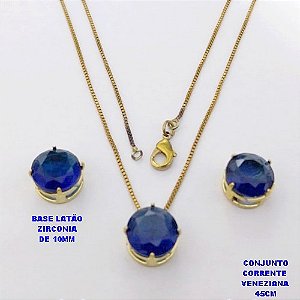 CONJUNTO NO BRUTO PRONTO PARA O BANHO(pote) COM CORRENTE VENEZIANA DE 45CM / PINGENTE E BRINCO COM BASE EM LATÃO E PEDRA ZIRCONIA DE 10X10MM / PESO 4.9GR - BRU28130
