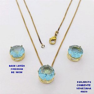 CONJUNTO NO BRUTO PRONTO PARA O BANHO(pote) COM CORRENTE VENEZIANA DE 45CM / PINGENTE E BRINCO COM BASE EM LATÃO E PEDRA ZIRCONIA DE 10X10MM / PESO 4.9GR - BRU28132