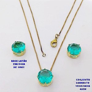 CONJUNTO NO BRUTO PRONTO PARA O BANHO(pote) COM CORRENTE VENEZIANA DE 45CM / PINGENTE E BRINCO COM BASE EM LATÃO E PEDRA ZIRCONIA DE 10X10MM / PESO 4.9GR - BRU28133