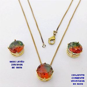 CONJUNTO NO BRUTO PRONTO PARA O BANHO(pote) COM CORRENTE VENEZIANA DE 45CM / PINGENTE E BRINCO COM BASE EM LATÃO E PEDRA ZIRCONIA DE 10X10MM / PESO 4.9GR - BRU28134