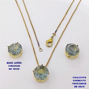CONJUNTO NO BRUTO PRONTO PARA O BANHO(pote) COM CORRENTE VENEZIANA DE 45CM / PINGENTE E BRINCO COM BASE EM LATÃO E PEDRA ZIRCONIA DE 10X10MM / PESO 4.9GR - BRU28135