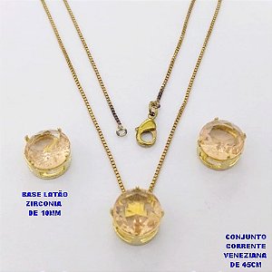 CONJUNTO NO BRUTO PRONTO PARA O BANHO(pote) COM CORRENTE VENEZIANA DE 45CM / PINGENTE E BRINCO COM BASE EM LATÃO E PEDRA ZIRCONIA DE 10X10MM / PESO 4.9GR - BRU28138