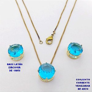 CONJUNTO NO BRUTO PRONTO PARA O BANHO(pote) COM CORRENTE VENEZIANA DE 45CM / PINGENTE E BRINCO COM BASE EM LATÃO E PEDRA ZIRCONIA DE 10X10MM / PESO 4.9GR - BRU28139