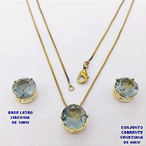 CONJUNTO NO BRUTO PRONTO PARA O BANHO(pote) COM CORRENTE VENEZIANA DE 45CM / PINGENTE E BRINCO COM BASE EM LATÃO E PEDRA ZIRCONIA DE 10X10MM / PESO 4.9GR - BRU28140