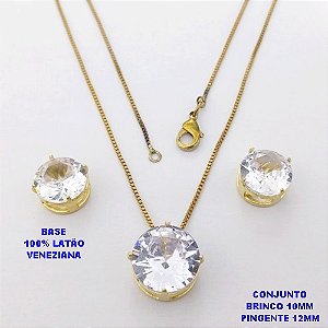 CONJUNTO NO BRUTO PRONTO PARA O BANHO / COM CORRENTE VENEZIANA DE 45CM / PINGENTE DE 12X12MM E BRINCO 10X10MM COM BASE EM LATÃO E PEDRA ZIRCONIA / PESO 5.5GR - BRU28144