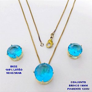 CONJUNTO NO BRUTO PRONTO PARA O BANHO / COM CORRENTE VENEZIANA DE 45CM / PINGENTE DE 12X12MM E BRINCO 10X10MM COM BASE EM LATÃO E PEDRA ZIRCONIA / PESO 5.5GR - BRU28147