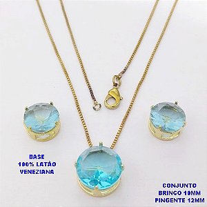 CONJUNTO NO BRUTO PRONTO PARA O BANHO / COM CORRENTE VENEZIANA DE 45CM / PINGENTE DE 12X12MM E BRINCO 10X10MM COM BASE EM LATÃO E PEDRA ZIRCONIA / PESO 5.5GR - BRU28150