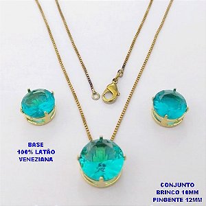 CONJUNTO NO BRUTO PRONTO PARA O BANHO / COM CORRENTE VENEZIANA DE 45CM / PINGENTE DE 12X12MM E BRINCO 10X10MM COM BASE EM LATÃO E PEDRA ZIRCONIA / PESO 5.5GR - BRU28153