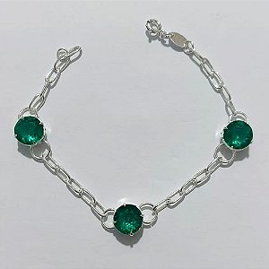 PULSEIRA FOLHEADA A PRATA COM 50 MILÉSIMOS + VERNIZ DIAMOND - PULSEIRA 19CM COM ZIRCÔNIAS VERDES 10MM - PRA1284