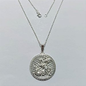 GARGANTILHA FOLHEADA A PRATA COM 50 MILÉSIMOS + VERNIZ DIAMOND - GARGANTILHA CORRENTE 45CM E PINGENTE MEDALHA SÃO JORGE 35MM - PRA1288