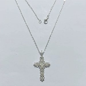 GARGANTILHA FOLHEADA A PRATA COM 50 MILÉSIMOS + VERNIZ DIAMOND - GARGANTILHA CORRENTE 45CM E PINGENTE CRUCIFIXO 38MM - PRA1292