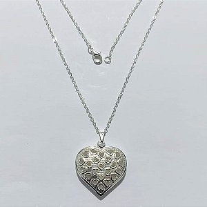 GARGANTILHA FOLHEADA A PRATA COM 50 MILÉSIMOS + VERNIZ DIAMOND - GARGANTILHA CORRENTE 45CM E PINGENTE CORAÇÃO DUPLO VAZADO 29MM - PRA1293