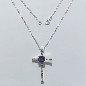 GARGANTILHA FOLHEADA A PRATA COM 50 MILÉSIMOS + VERNIZ DIAMOND - GARGANTILHA CORRENTE 45CM E PINGENTE CRUCIFIXO COM ZIRCÔNIAS 38MM - PRA1294