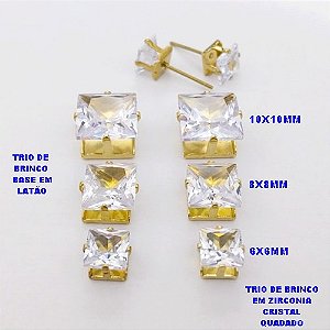 TRIO DE BRINCO NO BRUTO PRONTO PARA O BANHO(POTE) TRIO DE BRINCO BASE EM LATÃO E ZIRCONIA QUADRADA " 6X6MM/ 8X8MM / 10X10MM" / PESO 5.8GR - BRU28210