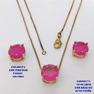 CONJUNTO NO BRUTO PRONTO PARA O BANHO(CX194) CONJUNTO COM CORRENTE VENEZIANA DE 45CM PINGENTE E BRINCO EM ALTA FUSÃO(ZIRCONIA FUSION)" 10X10MM" / PESO 5.8GR - BRU28211