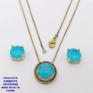 CONJUNTO NO BRUTO PRONTO PARA O BANHO(CX194) CONJUNTO COM CORRENTE VENEZIANA DE 45CM PINGENTE E BRINCO EM ALTA FUSÃO(ZIRCONIA FUSION)" 10X10MM" / PESO 5.8GR - BRU28217