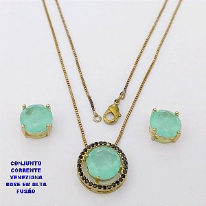 CONJUNTO NO BRUTO PRONTO PARA O BANHO(CX194) CONJUNTO COM CORRENTE VENEZIANA DE 45CM PINGENTE E BRINCO EM ALTA FUSÃO(ZIRCONIA FUSION)" 10X10MM" / PESO 5.8GR - BRU28218