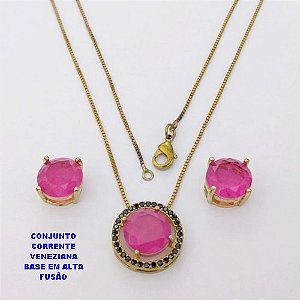 CONJUNTO NO BRUTO PRONTO PARA O BANHO(CX194) CONJUNTO COM CORRENTE VENEZIANA DE 45CM PINGENTE E BRINCO EM ALTA FUSÃO(ZIRCONIA FUSION)" 10X10MM" / PESO 5.8GR - BRU28219