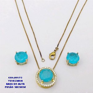 CONJUNTO NO BRUTO PRONTO PARA O BANHO(CX194) CONJUNTO COM CORRENTE VENEZIANA DE 45CM PINGENTE E BRINCO EM ALTA FUSÃO(ZIRCONIA FUSION)" 10X10MM" / PESO 5.8GR - BRU28221