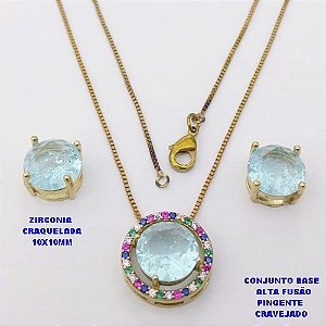 CONJUNTO NO BRUTO PRONTO PARA O BANHO(CX194) CONJUNTO COM CORRENTE VENEZIANA DE 45CM PINGENTE E BRINCO EM ALTA FUSÃO(ZIRCONIA CRAQUELADA)" 10X10MM" / PESO 5.8GR - BRU28255