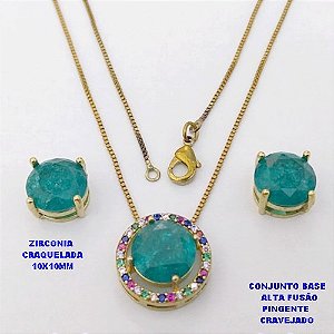 CONJUNTO NO BRUTO PRONTO PARA O BANHO(CX194) CONJUNTO COM CORRENTE VENEZIANA DE 45CM PINGENTE E BRINCO EM ALTA FUSÃO(ZIRCONIA CRAQUELADA)" 10X10MM" / PESO 5.8GR - BRU28256