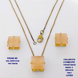 CONJUNTO NO BRUTO PRONTO PARA O BANHO(POTE) CONJUNTO COM CORRENTE VENEZIANA DE 45CM PINGENTE E BRINCO EM LATÃO (PEDRA DE CALCEDONIA)" 10X10MM " / PESO 5.8GR - BRU28258