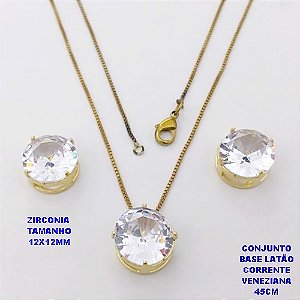 CONJUNTO NO BRUTO PRONTO PARA O BANHO(pote)COM CORRENTE VENEZIANA DE 45CM / BRINCO E PINGENTE DE ZIRCONIA COM BASE DE PINO EM LATÃO " 12X12MM " / PESO 7,9GR - BRU28142A