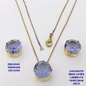 CONJUNTO NO BRUTO PRONTO PARA O BANHO(pote)COM CORRENTE VENEZIANA DE 45CM / BRINCO E PINGENTE DE ZIRCONIA COM BASE DE PINO EM LATÃO " 12X12MM " / PESO 7,9GR - BRU28245A
