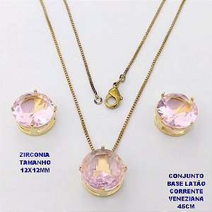 CONJUNTO NO BRUTO PRONTO PARA O BANHO(pote)COM CORRENTE VENEZIANA DE 45CM / BRINCO E PINGENTE DE ZIRCONIA COM BASE DE PINO EM LATÃO " 12X12MM " / PESO 7,9GR - BRU282451A