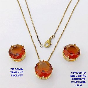 CONJUNTO NO BRUTO PRONTO PARA O BANHO(pote)COM CORRENTE VENEZIANA DE 45CM / BRINCO E PINGENTE DE ZIRCONIA COM BASE DE PINO EM LATÃO " 12X12MM " / PESO 7,9GR - BRU28254A