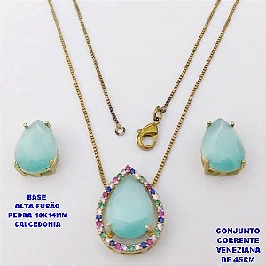 CONJUNTO NO BRUTO PRONTO PARA O BANHO(CX194)COM CORRENTE VENEZIANA DE 45CM / BRINCO E PINGENTE COM PEDRA DE CALCEDONIA COM BASE EM ALTA FUSÃO " 10X14MM " / PESO 7,7GR - BRU28305