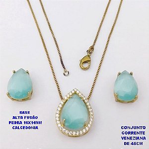CONJUNTO NO BRUTO PRONTO PARA O BANHO(CX194)COM CORRENTE VENEZIANA DE 45CM / BRINCO E PINGENTE COM PEDRA DE CALCEDONIA COM BASE EM ALTA FUSÃO " 10X14MM " / PESO 7,7GR - BRU28306